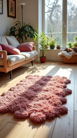 Cozy sunlit living room with pink fluffy rug and indoor plants by large window. That the image is generated using AI.の素材