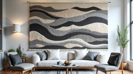 Modern living room with gray and white abstract tapestry and minimalist furniture. That the image is generated using AI.の素材