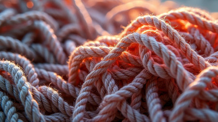 Close-up of sunlit twisted ropes with warm tones and textured fibers. That the image is generated using AI.の素材