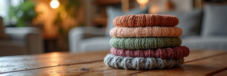 Stack of colorful knitted yarn cushions on wooden table in cozy living room. That the image is generated using AI.の素材