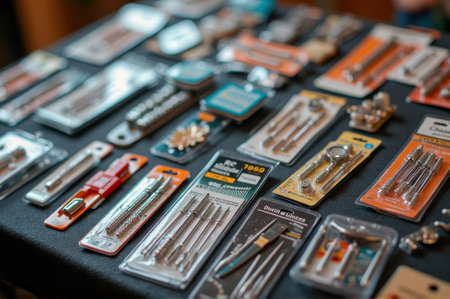 Assorted guitar strings and accessories on display at a music store. That the image is generated using AI.の素材