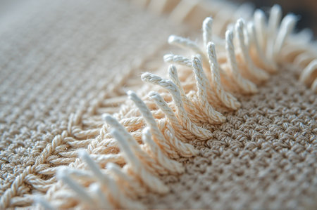 Close-up of woven beige textile with fringed edges and detailed texture. That the image is generated using AI.の素材