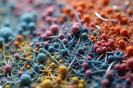 Vibrant abstract microfiber texture with multicolored threads and beads. That the image is generated using AI.の素材