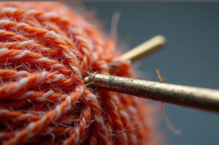 Close-up of orange and white knitting yarn with needles. That the image is generated using AI.の素材