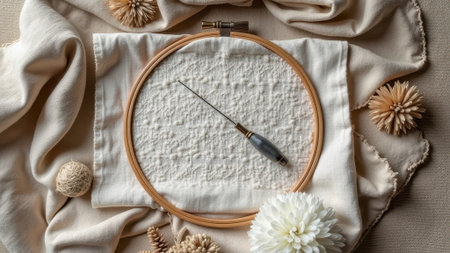 Elegant needlework with wooden hoop and white flowers on beige fabric background. That the image is generated using AI.の素材