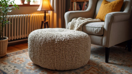 Cozy living room with knitted pouf and armchair. That the image is generated using AI.の素材