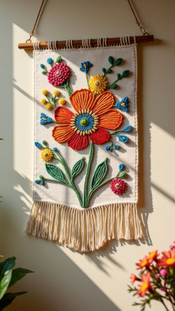Colorful handmade floral wall hanging with intricate embroidery details in sunlit room. That the image is generated using AI.の素材