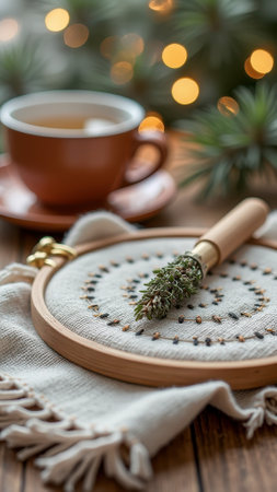 Cozy embroidery scene with herbal accent and cup of tea in warm lighting. That the image is generated using AI.の素材