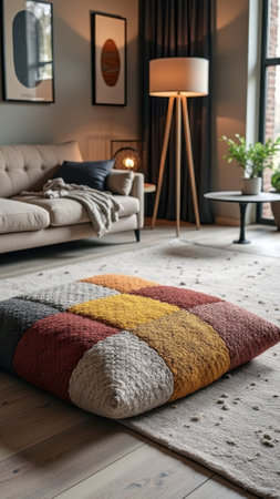 Modern cozy living room with geometric rug and stylish furniture. That the image is generated using AI.の素材