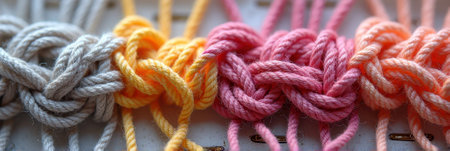 Colorful knotted cords in gradient tones of beige to pink. That the image is generated using AI.の素材
