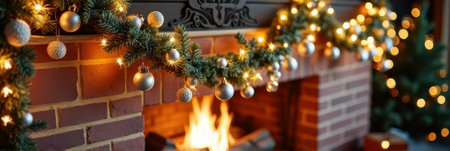 Cozy christmas atmosphere with fireplace and festive garland decorations. That the image is generated using AI.の素材