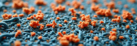 Close-up of dust mites on fabric surface with orange particles and blue fibers. That the image is generated using AI.の素材