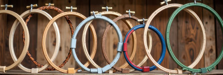 Colorful collection of embroidery hoops on wooden display. That the image is generated using AI.の素材
