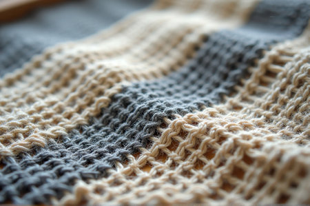 Close-up of woven textile pattern in beige and gray hues. That the image is generated using AI.の素材