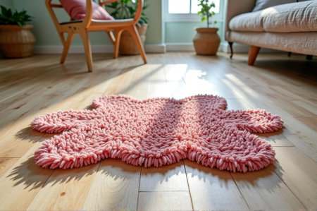 Sunlit room featuring pink shaggy rug on hardwood floor with cozy furniture and plants. That the image is generated using AI.の素材