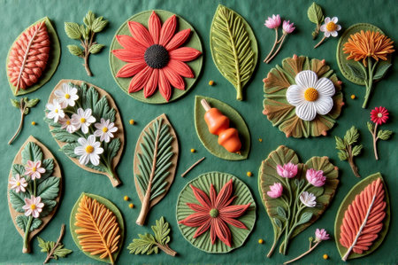 Colorful botanical art with intricate flower leaf designs on green background. That the image is generated using AI.の素材