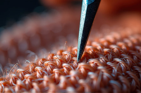 Close-up of needle in orange yarn fabric knitting texture. That the image is generated using AI.の素材