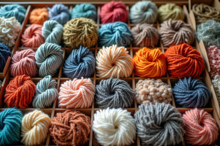 Assorted yarn balls in various colors arranged in compartments for crafts and knitting projects. That the image is generated using AI.の素材