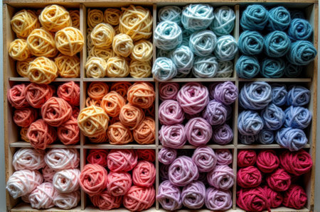 Colorful yarn balls displayed in organized shelves. That the image is generated using AI.の素材