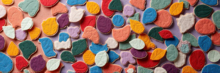 Colorful felt leaves pattern on vibrant background. That the image is generated using AI.の素材