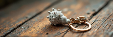 Unique handmade textured keychain on rustic wooden surface. That the image is generated using AI.の素材