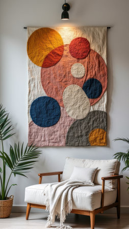 Abstract geometric tapestry wall art in cozy living room with armchair and plants. That the image is generated using AI.の素材