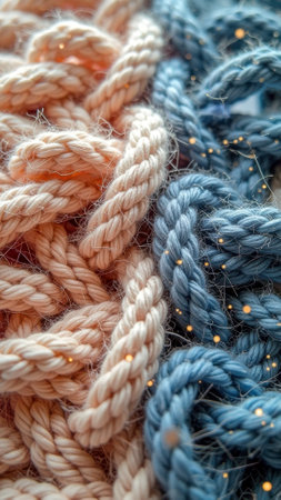 Close-up of intertwined beige and blue ropes with glittering particles. That the image is generated using AI.の素材