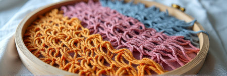 Intricate multicolor macrame artwork in hoop frame with vibrant yarn pattern. That the image is generated using AI.の素材