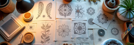 Intricate hand-drawn botanical and geometric designs on a creative desk space. That the image is generated using AI.の素材