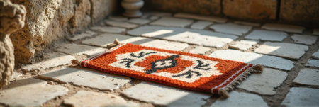 Ornate red tapestry rug on sunlit stone floor in rustic setting. That the image is generated using AI.の素材