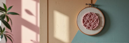Geometric embroidery hoop art with pink yarn on colorful pastel wall. That the image is generated using AI.の素材