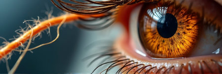 Close-up of human eye with reflections in amber iris and detailed eyelashes. That the image is generated using AI.の素材