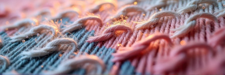 Close-up of colorful woven textile with sparkling details. That the image is generated using AI.の素材