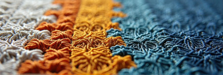 Colorful textile texture with intricate patterns in orange, blue, and white. That the image is generated using AI.の素材