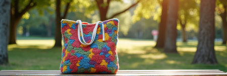Colorful textured handbag on park bench amidst scenic nature backdrop. That the image is generated using AI.の素材