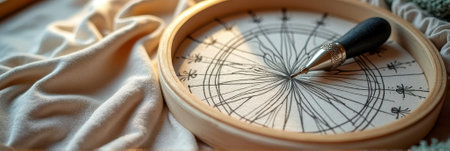 Intricate wooden hoop with mandala drawing and craft pen on fabric. That the image is generated using AI.の素材