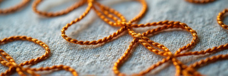 Close-up of twisted gold metallic rope on a textured gray background. That the image is generated using AI.の素材