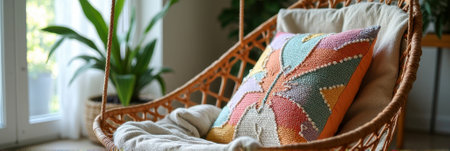 Cozy rattan swing chair with colorful pillow and green plants in relaxing living space. That the image is generated using AI.の素材