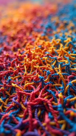 Vibrant multicolored yarn close-up showing intricate textile patterns. That the image is generated using AI.の素材