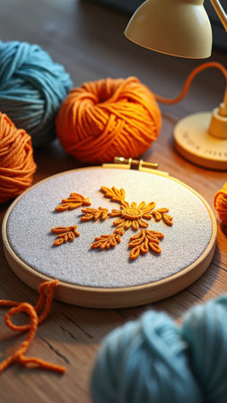 Colorful embroidery hoop with orange floral design on wooden table. That the image is generated using AI.の素材