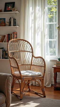 Cozy sunlit reading corner with rattan chair and bookshelf by a bright window. That the image is generated using AI.の素材