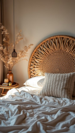 Cozy bohemian bedroom with rattan headboard and sunlit bedding. That the image is generated using AI.の素材