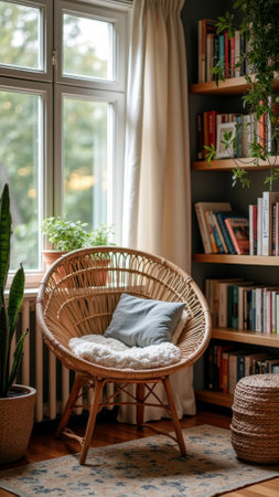 Cozy reading corner with rattan chair and bookshelf in sunlit room. That the image is generated using AI.の素材