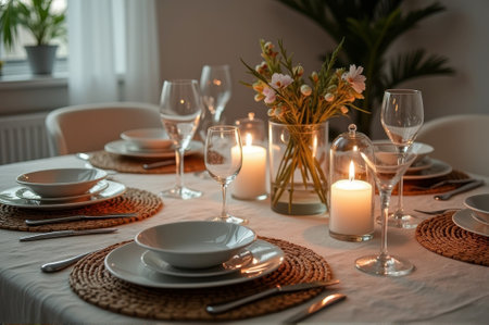 Elegant table setting with candlelit ambiance and floral centerpiece in cozy dining room. That the image is generated using AI.の素材