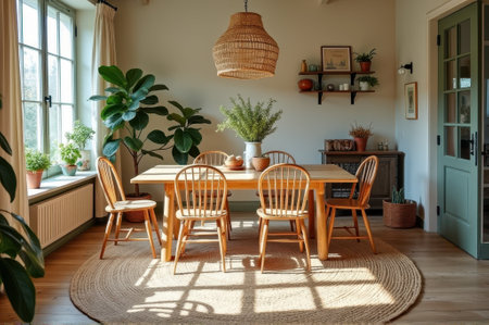 Sunlit dining room with wooden table and plants in cozy home setting. That the image is generated using AI.の素材