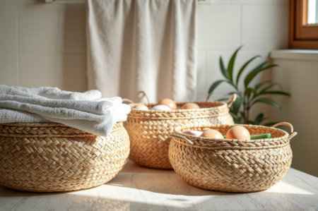Cozy bathroom scene with woven baskets, white towels, and eggs in natural light. That the image is generated using AI.の素材