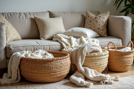 Cozy sofa with woven baskets and soft textured blankets in a living room. That the image is generated using AI.の素材