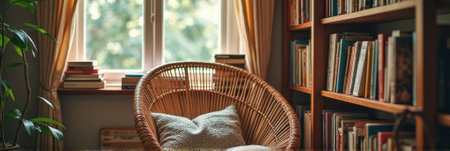Cozy reading nook with rattan chair and bookshelf by sunlit window. That the image is generated using AI.の素材