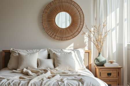 Cozy bedroom with rattan mirror and natural tones. That the image is generated using AI.の素材