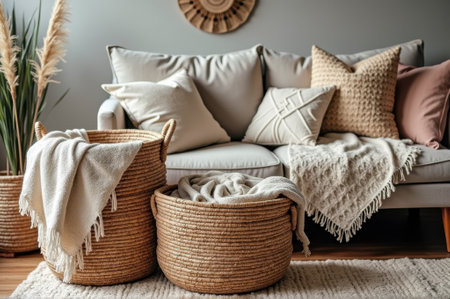 Cozy living room with woven baskets and textured cushions in neutral tones. That the image is generated using AI.の素材